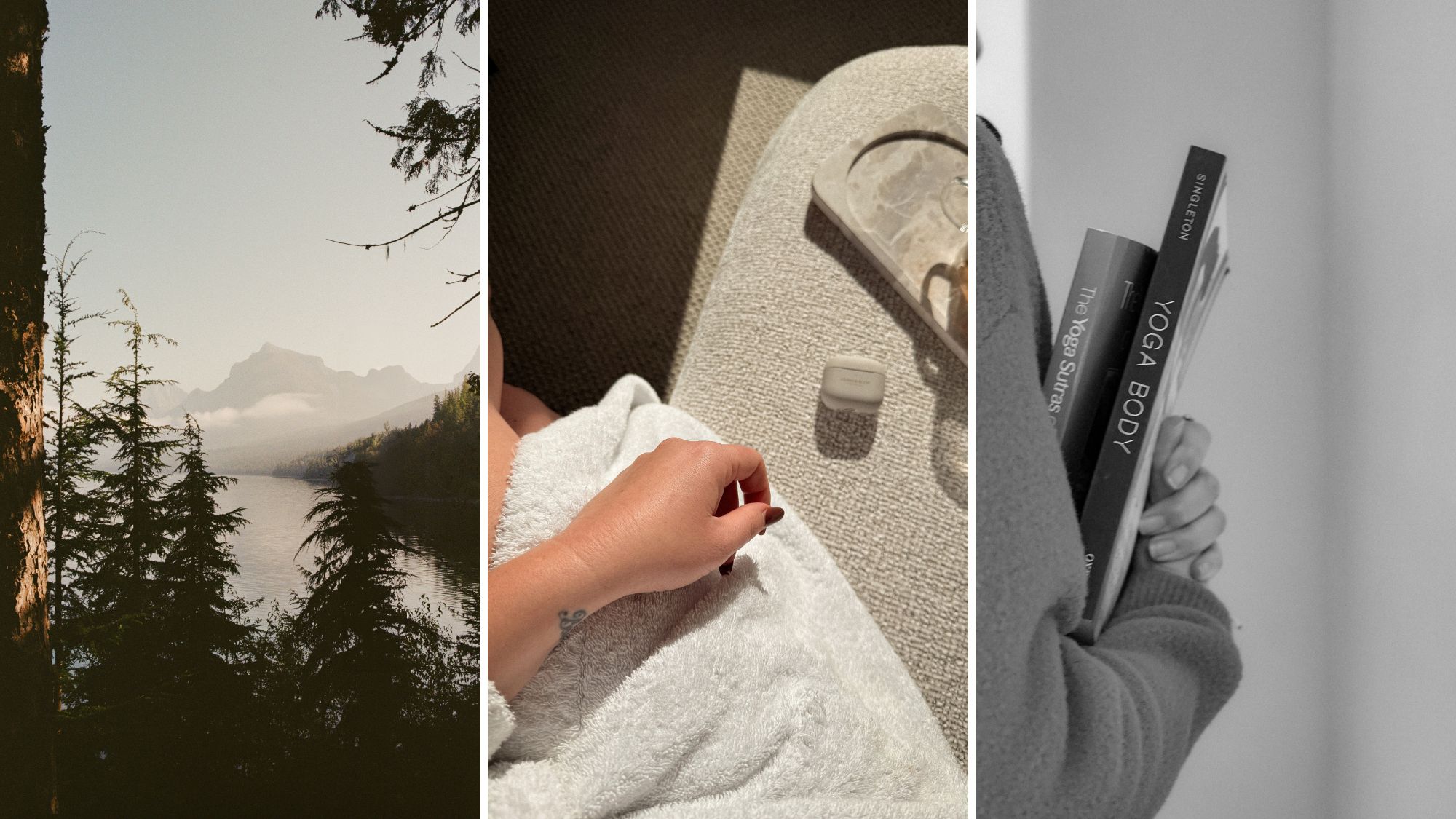 A woman in nature, relaxing in a robe, and holding a stack of yoga books.