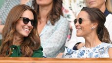 Catherine, Duchess of Cambridge and Pippa Middleton in the Royal Box on Centre Court during day twelve of the Wimbledon Tennis Championships at All England Lawn Tennis and Croquet Club on July 13, 2019 in London, England. 