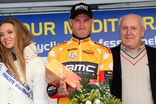 Steve Cummings on the podium after winning the Stage 3B time trial of the 2014 Tour Méditerranéen