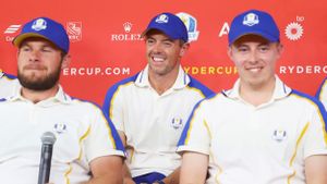Tyrrell Hatton, Rory McIlroy and Matt Fitzpatrick pictured at a press conference