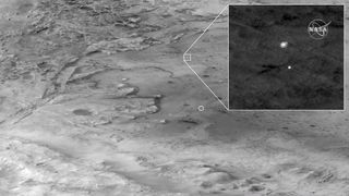 NASA's Mars Reconnaissance Orbiter captured this image of the Perseverance rover's landing on Feb. 18, 2021.