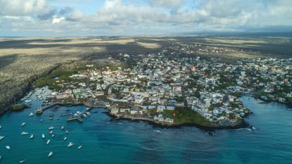 Drone view of the Puerto Ayora bay at Santa Cruz Island in Galapagos, Ecuador