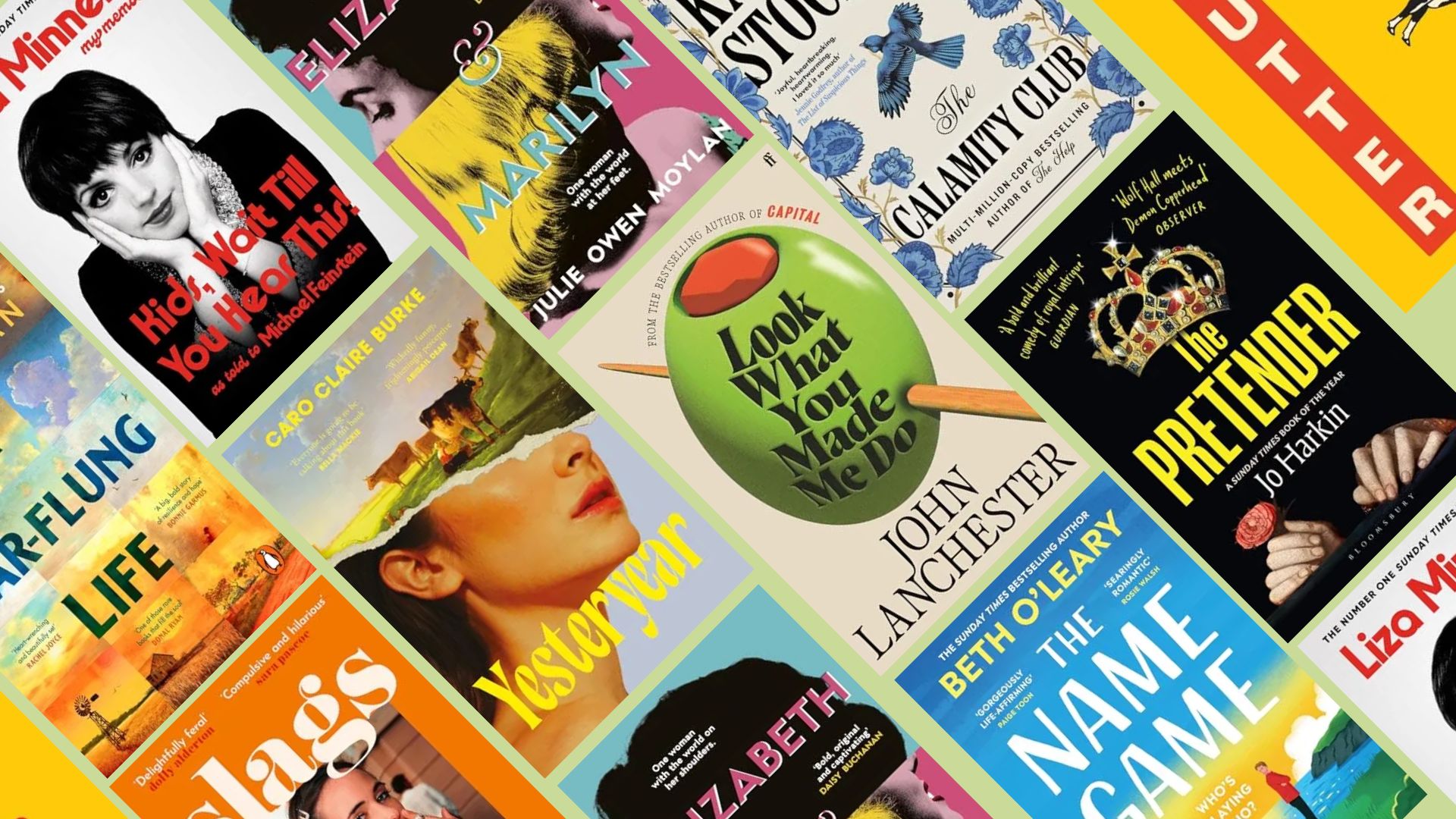 An image of the best books in may on a green background: Yesteryear, A Far Flung Life, Slags, Kids Wait Till You Hear This, Elisabeth &amp; Marilyn, Look What You Made Me Do, The Name Game, The Pretender