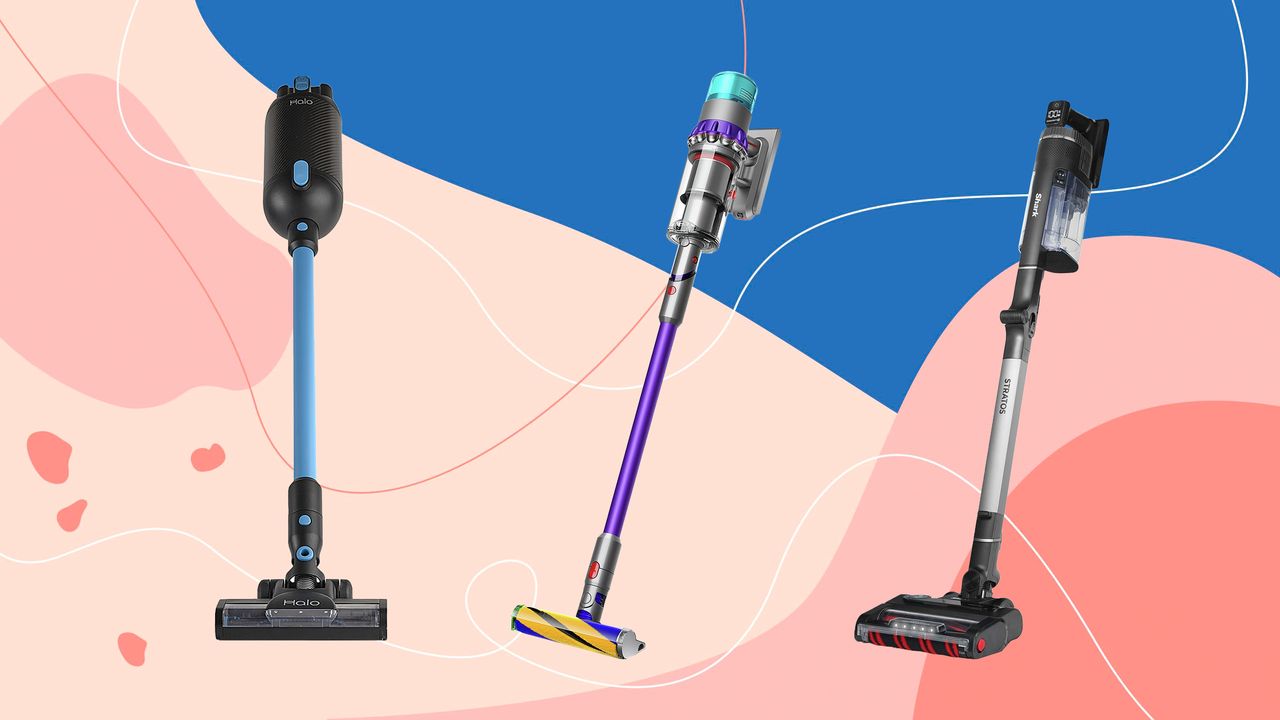 Halo Capsule X, Dyson Gen5detect Absolute and Shark Stratos cordless vacuum cleaners on pink and blue Ideal Home style background