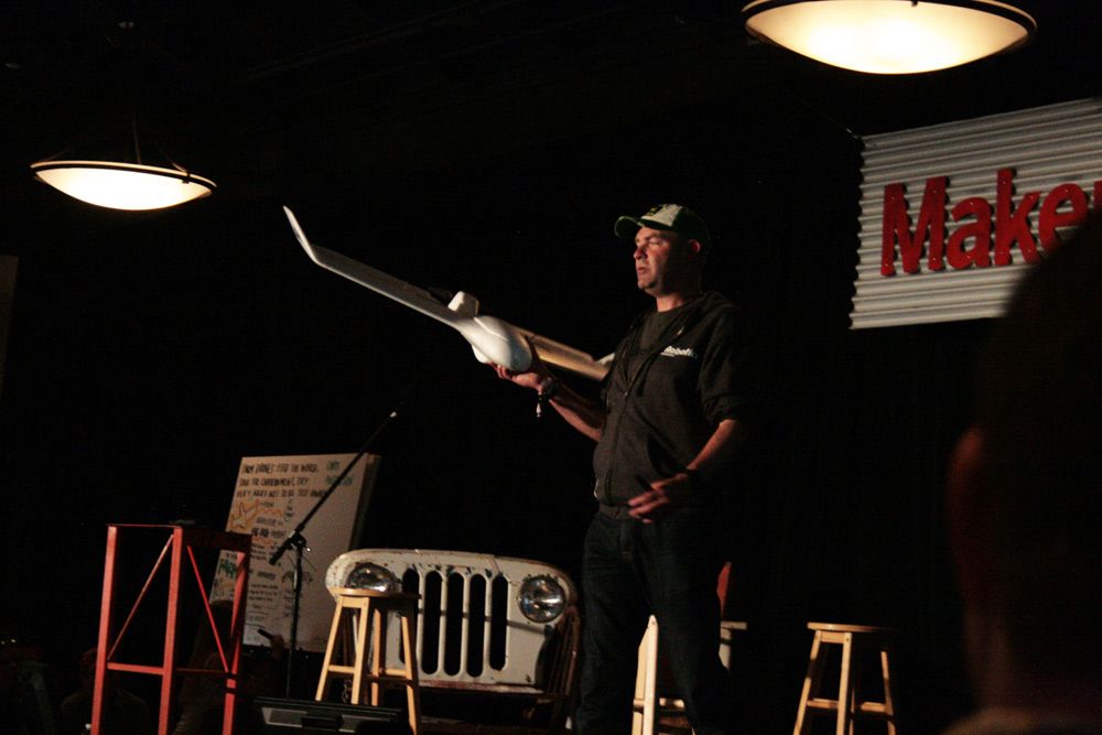 Chris Anderson talks to an audience at Maker Faire Bay Area on May 18, 2013, about how small foam drones could revolutionize farming.