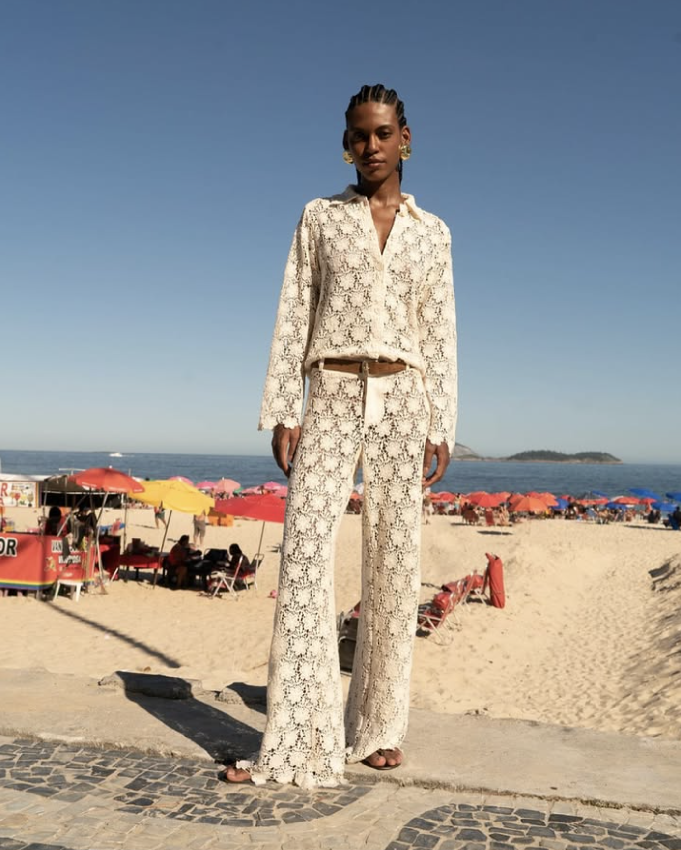 eliou summer fashion cream crochet trouser shirt set