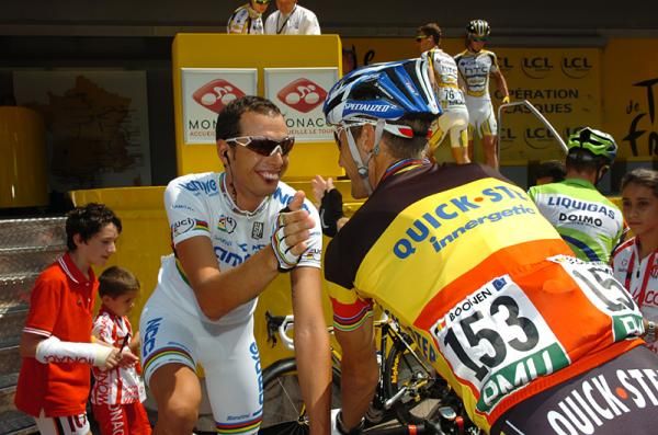 Alessandro Ballan (Lampre-NGC) and Tom Boonen (Quick Step) at the start.