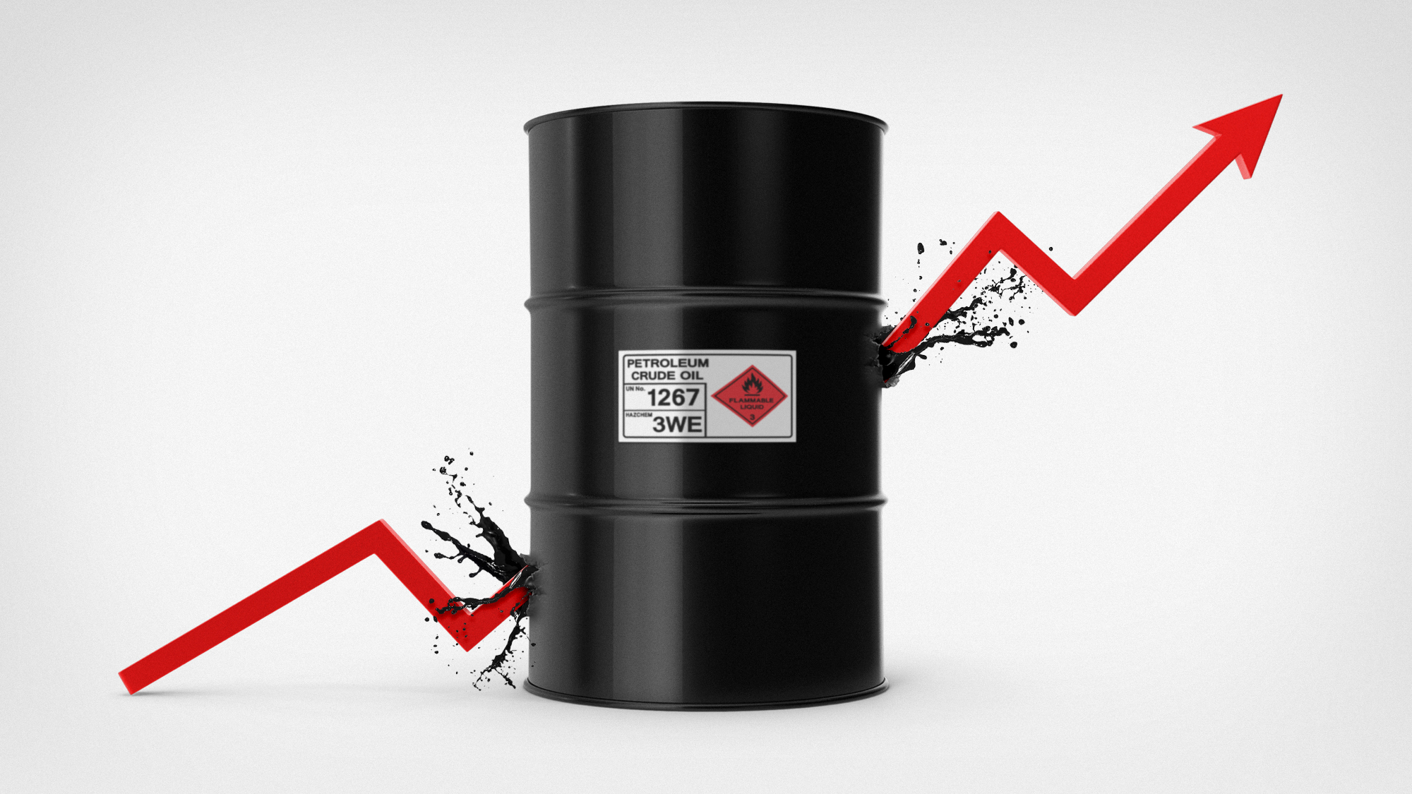 Illustration of a rising line graph bursting through an oil barrel 
