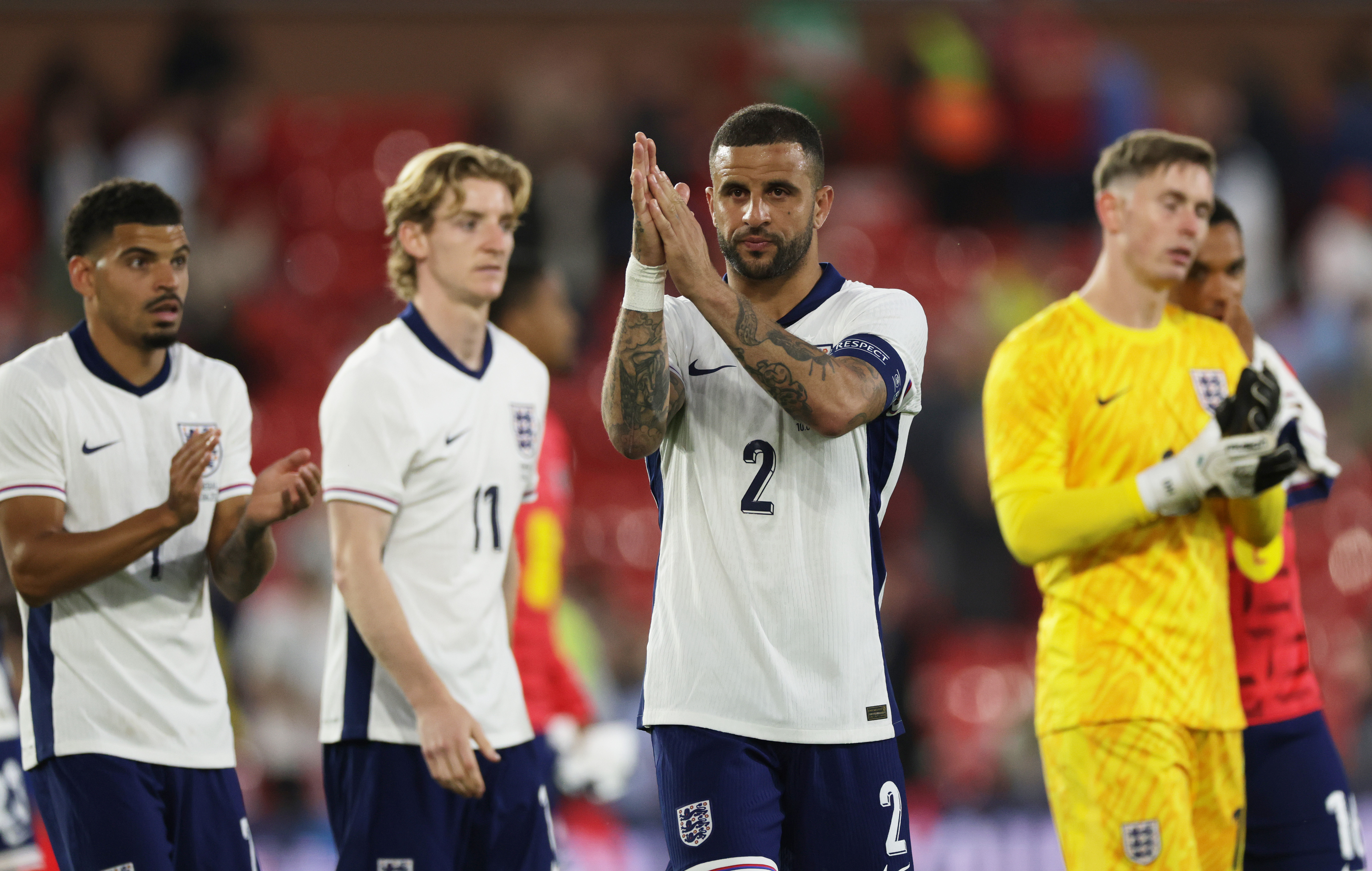 NOTTINGHAM, ENGLAND - JUNE 10: Kyle Walker and teammates of England acknowledge the fans following the international friendly match between England and Senegal at City Ground on June 10, 2025 in Nottingham, England. (Photo by Eddie Keogh - The FA/The FA via Getty Images)