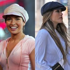 Jennifer Lopez wore baggy bottoms, a billowy blouse, and a newsboy cap