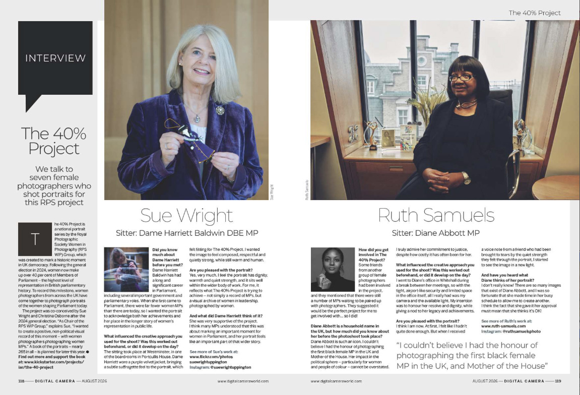 First two pages of the main interview in issue 310 (August 2026) of Digital Camera magazine &amp;ndash; eight photographers who took portraits of female UK MPs for the RPS Women in Photography The 40% Project