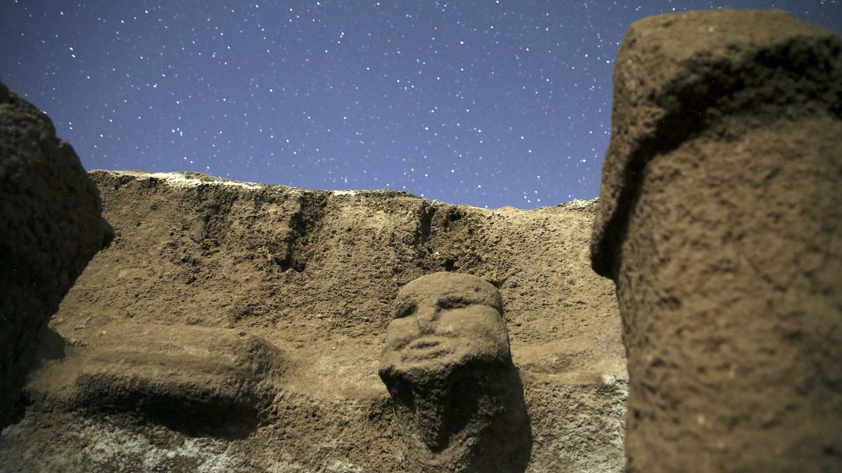 Human depictions and obelisks are seen at Karahantepe, one of the important settlements of the Neolithic period, in Haliliye district of Sanliurfa, Turkey, on Sept. 30, 2021.