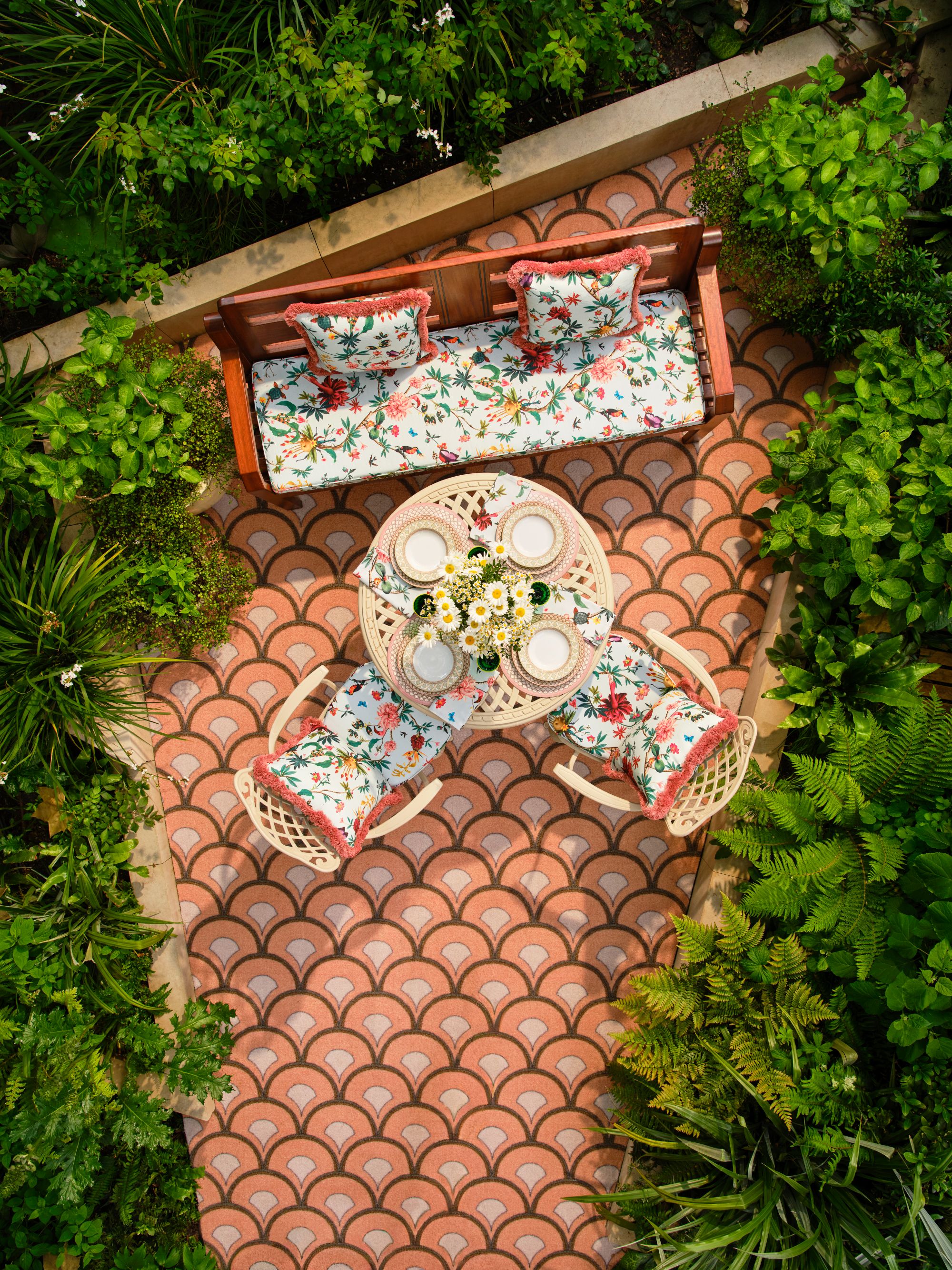 birds-eye shot of the dorchester courtyard decorated by La Double J