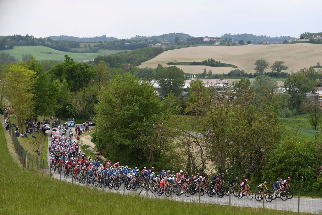 NOVARA ITALY MAY 09 The Peloton passing through during Murisengo 271m the 104th Giro dItalia 2021 Stage 2 a 179km stage from Stupinigi Nichelino to Novara Landscape girodiitalia Giro UCIworldtour on May 09 2021 in Novara Italy Photo by Tim de WaeleGetty Images