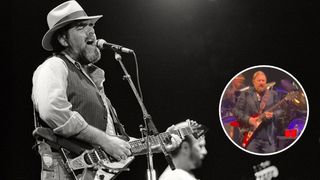 Main image: Lonnie Mack (l) performs during a Stevie Ray Vaughan Soul to Soul Tour concert on October 7, 1985 in Laramie, Wyoming. Secondary image: Derek Trucks plays Mack's guitar on stage