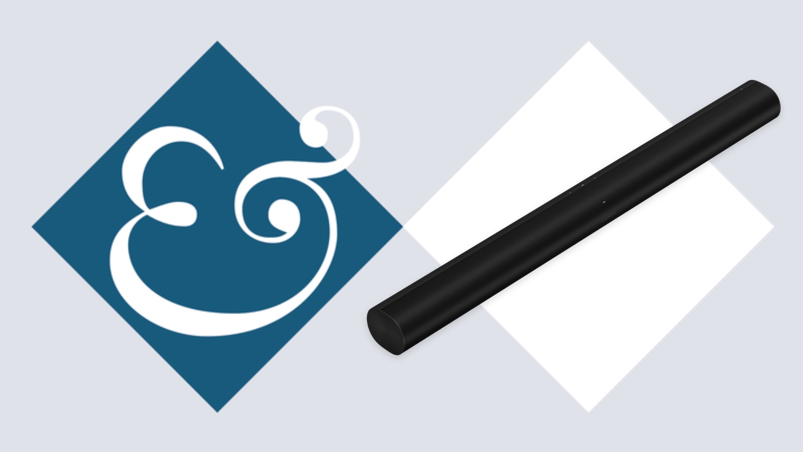 Sonos Arc on tile background next to Homes &amp; Gardens '&amp;' logo.