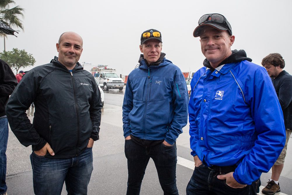 Team directors Sebastian Alexandre (Jamis), Jeff Louder (Axeon) and Gord Fraser (Silber) happy to be done with todays wet stage along with taking the podium spots