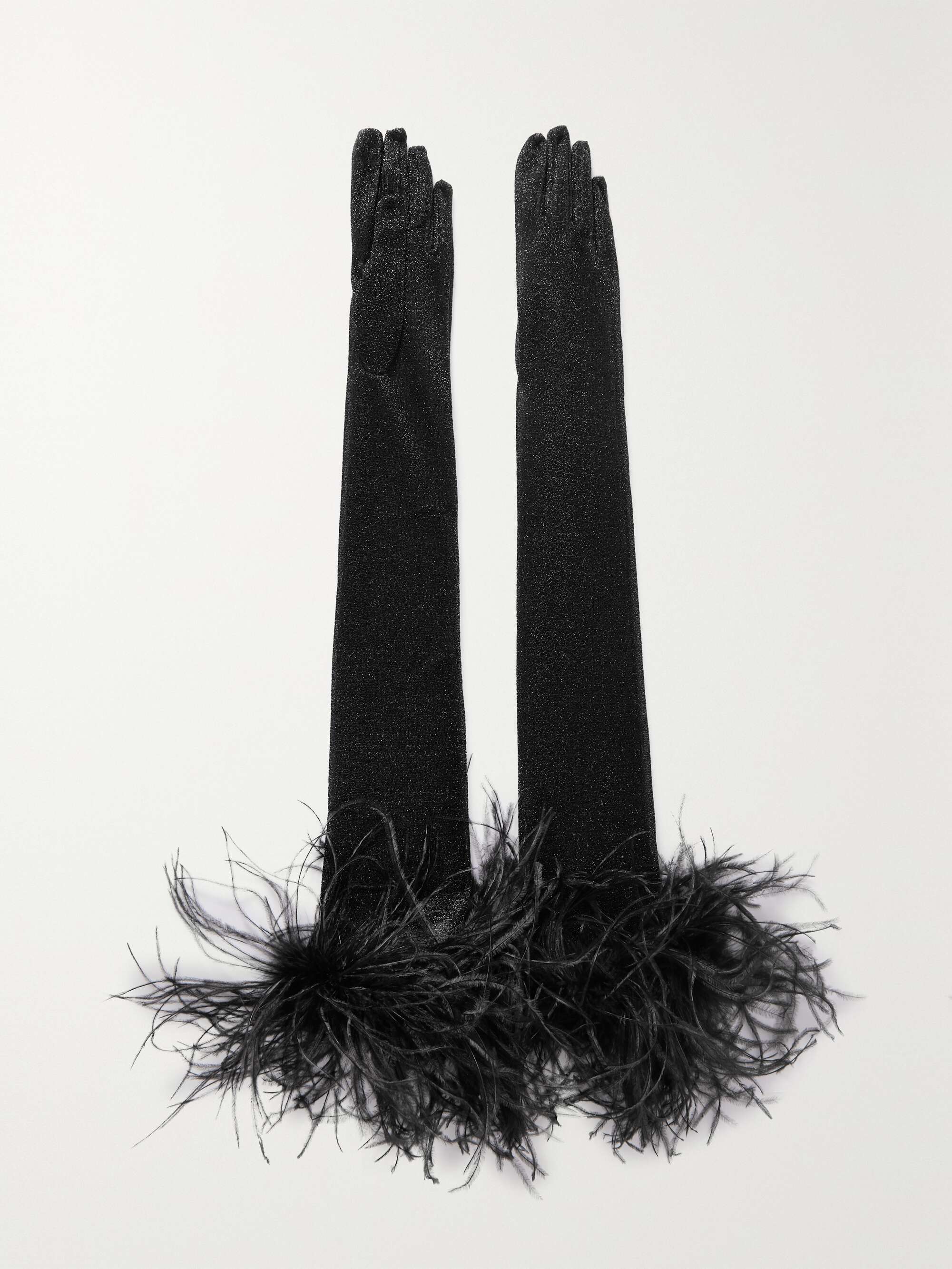 Lumi&amp;egrave;re Plumage Feather-Trimmed Metallic Stretch-Knit Gloves