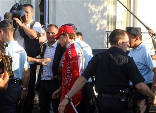 France's Sylvain Chavanel leaves the Novotel hotel,