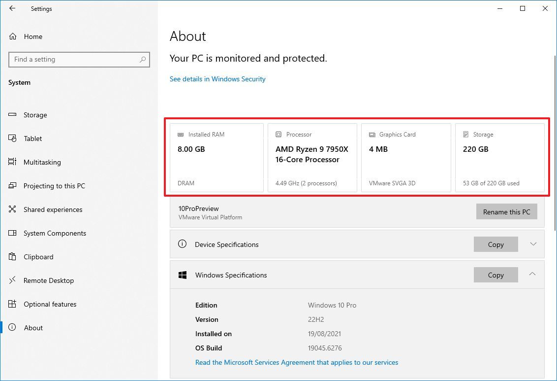 Windows 10 About page with tech specs
