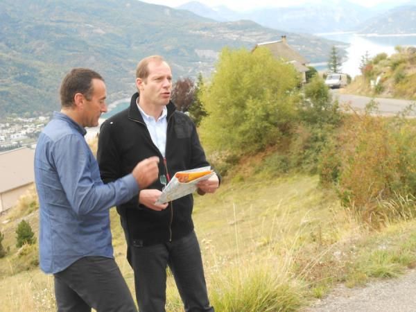 Christian Prudhomme and Thierry Gouvenou inspecting the road of the Mont&eacute;e de R&eacute;allon