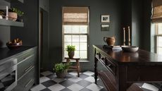 Dark kitchen area with dark brown wooden table and dark green cabinets, with bowls, candles and miscellaneous ornaments on countertops. Two windows reveal a bright day outside.