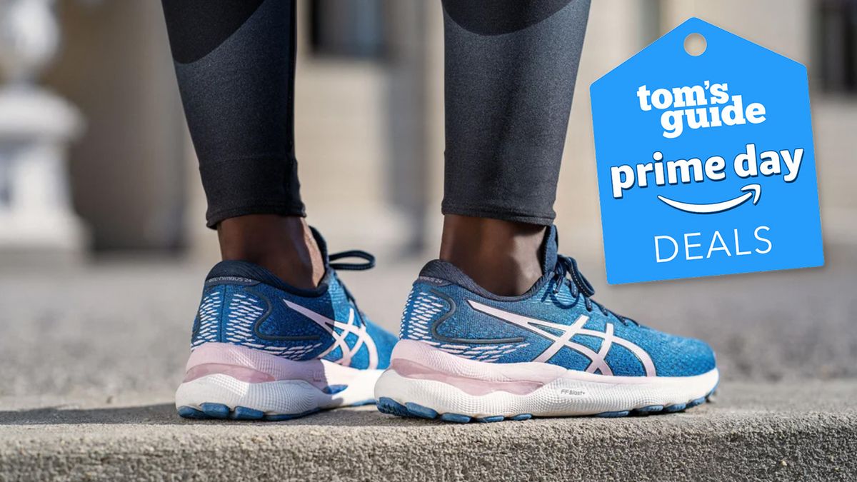 Asics Gel Nimbus 24 running shoe on models feet with Prime Day deal badge