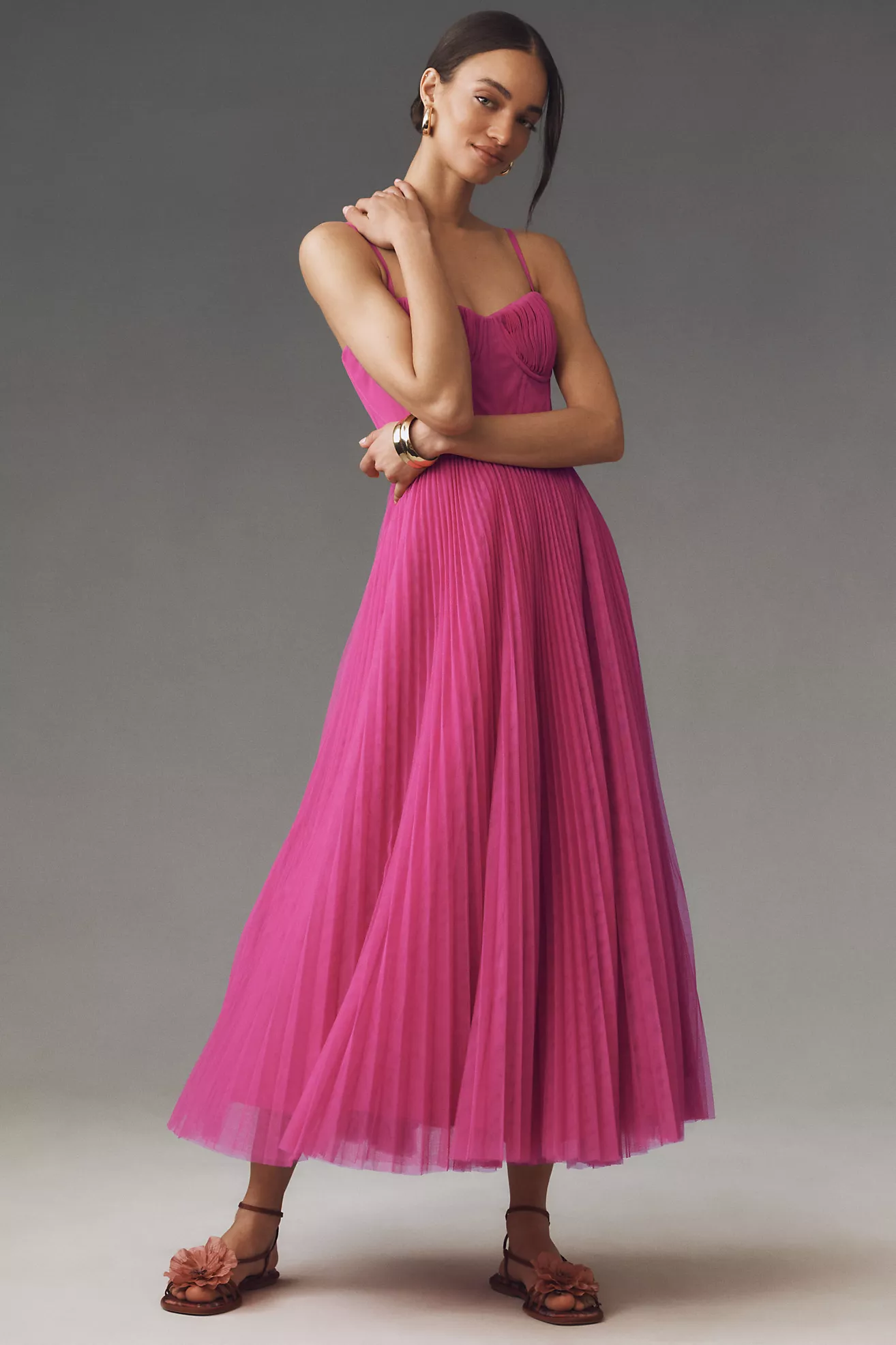 Hutch Amara Corset Pleated Tulle Fit &amp;amp; Flare Midi Dress