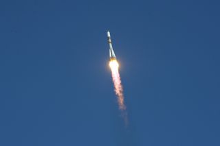 The unmanned Russian cargo ship Progress 45 launches into space atop a Soyuz rocket in a succesful Oct. 30, 2011 launch from Baikonur Cosmodrome in Kazakhstan. 