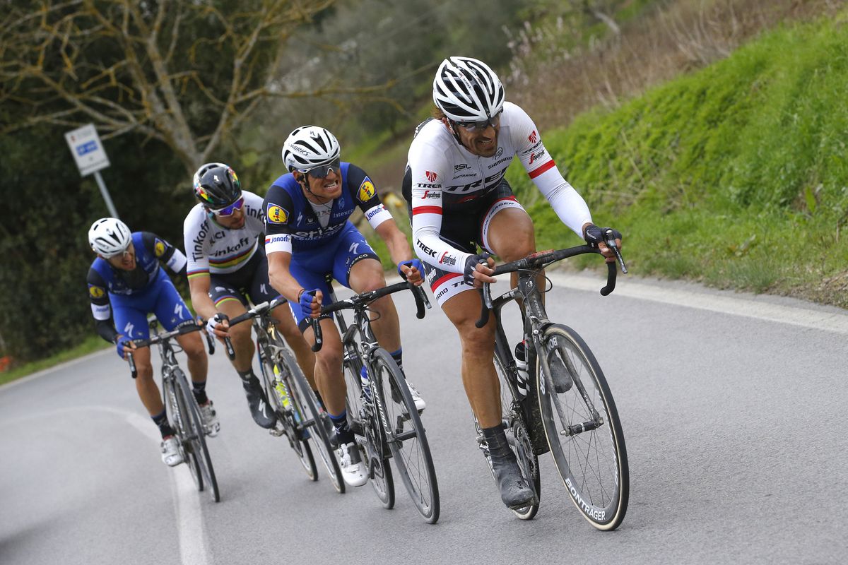 Fabian Cancellara (Trek-Segafredo) with Zdenek Stybar and Gianluca Brambilla (Etixx-Quickstep) and Peter Sagan (Tinkoff)