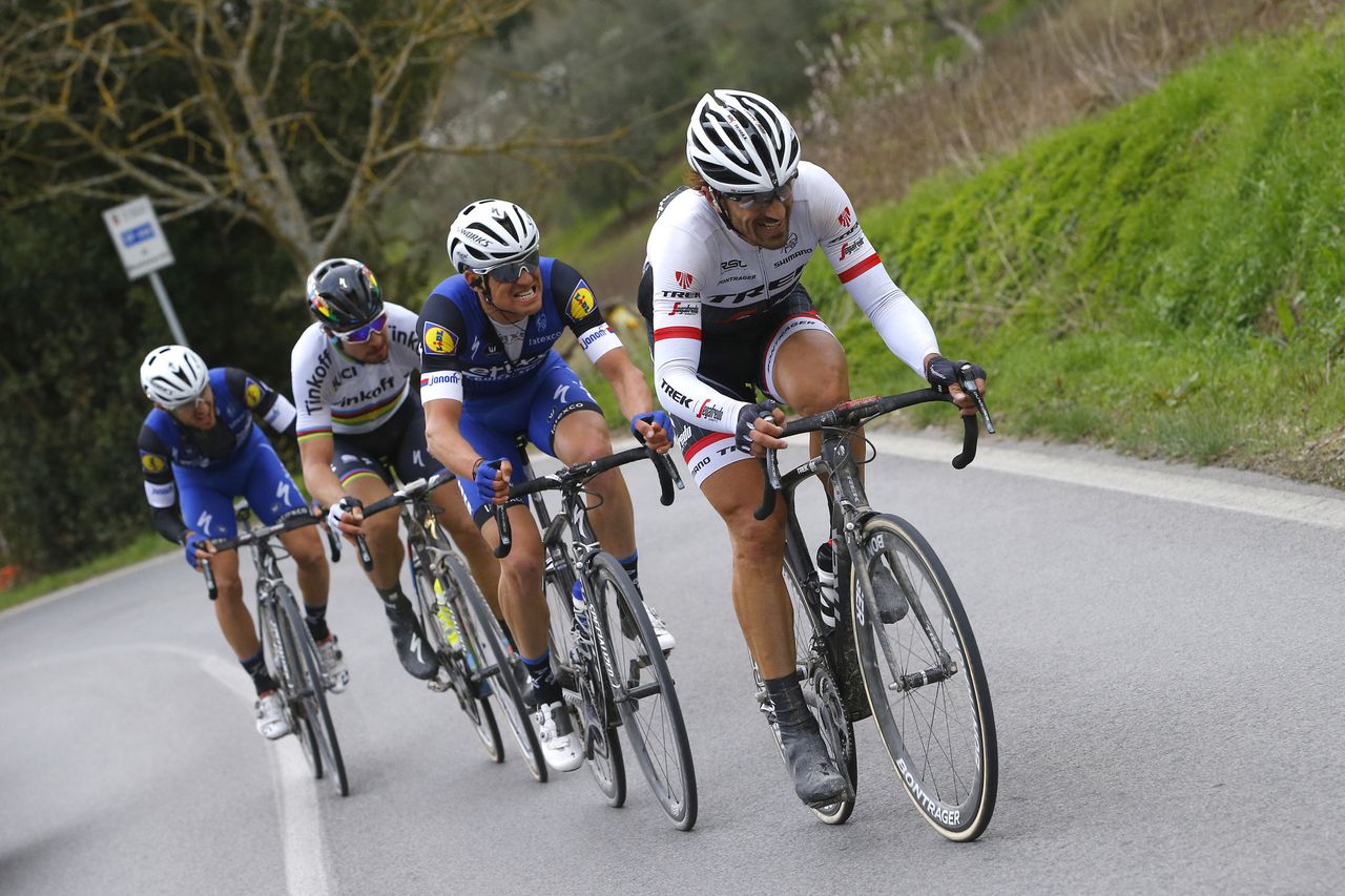 Fabian Cancellara (Trek-Segafredo) with Zdenek Stybar and Gianluca Brambilla (Etixx-Quickstep) and Peter Sagan (Tinkoff)
