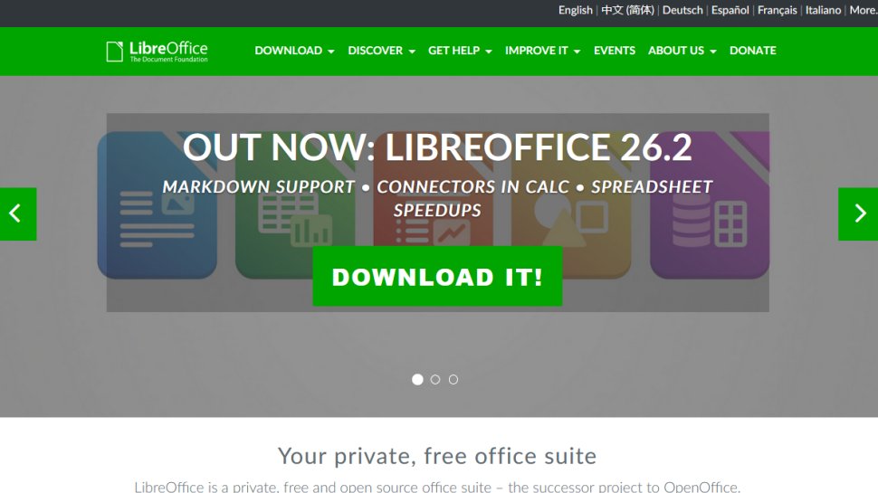 LibreOffice website screenshot (February 2026).