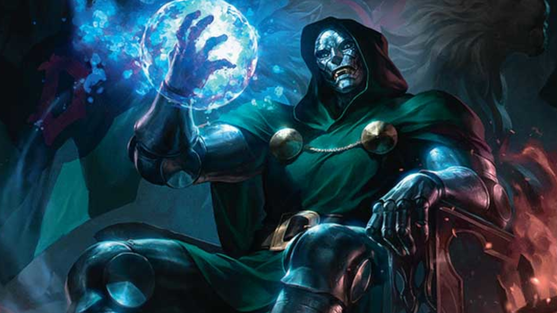 Doctor Doom sits astride a throne while holding blue glowing energy in his hand