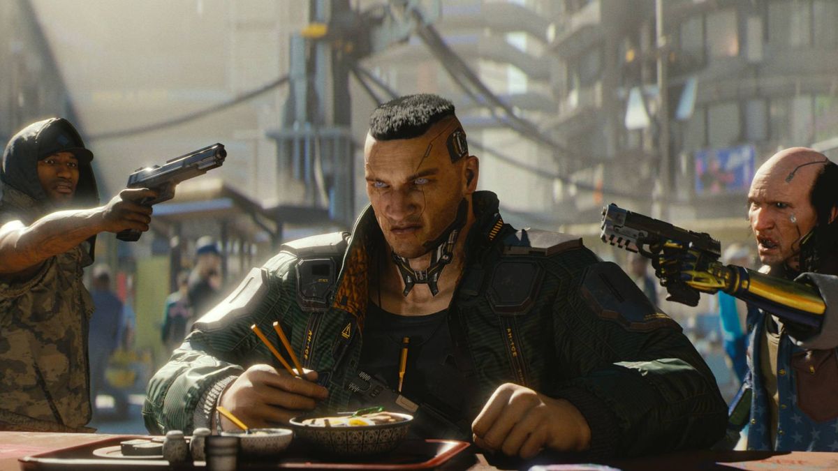 A large, muscly bloke eating noodles at a bar while two people point pistols at him from behind in Cyberpunk 2077.