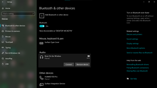 A screenshot of Windows 10 showing the Bluetooth settings menu