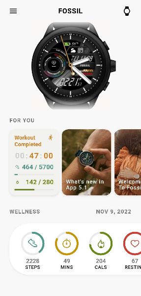 Fossil Smartwatches app home page