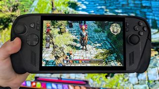 Divinity: Original Sin 2 running on Xbox Ally X with a TV behind the handheld also running the game. 