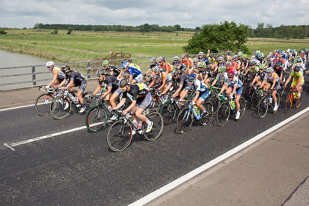 The peloton rides at a casual pace just a few kilometres after the start the Aviva Women's Tour 2016 - Stage 1