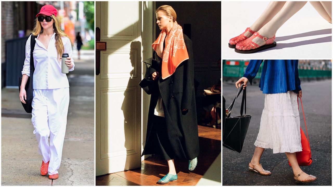 Jennifer Lawrence wearing red jelly sandals, a model from The Row wearing blue jelly sandals, a woman walking on the street in clear jelly sandals, and pink Ancient Greek Sandals jelly flats