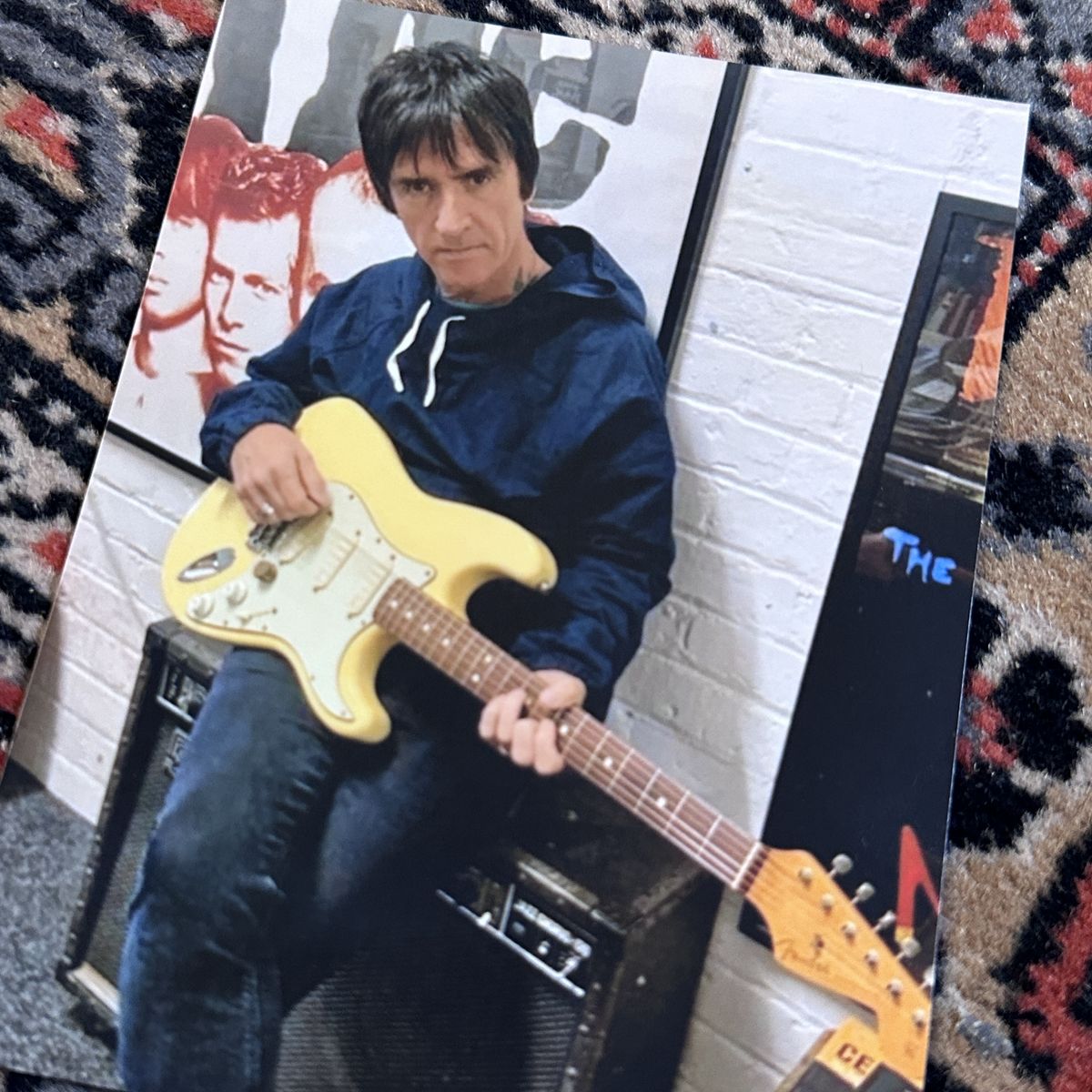 various photos of the Johnny Marr Strat and Mesa Boogie Gardiner Houlgate auction