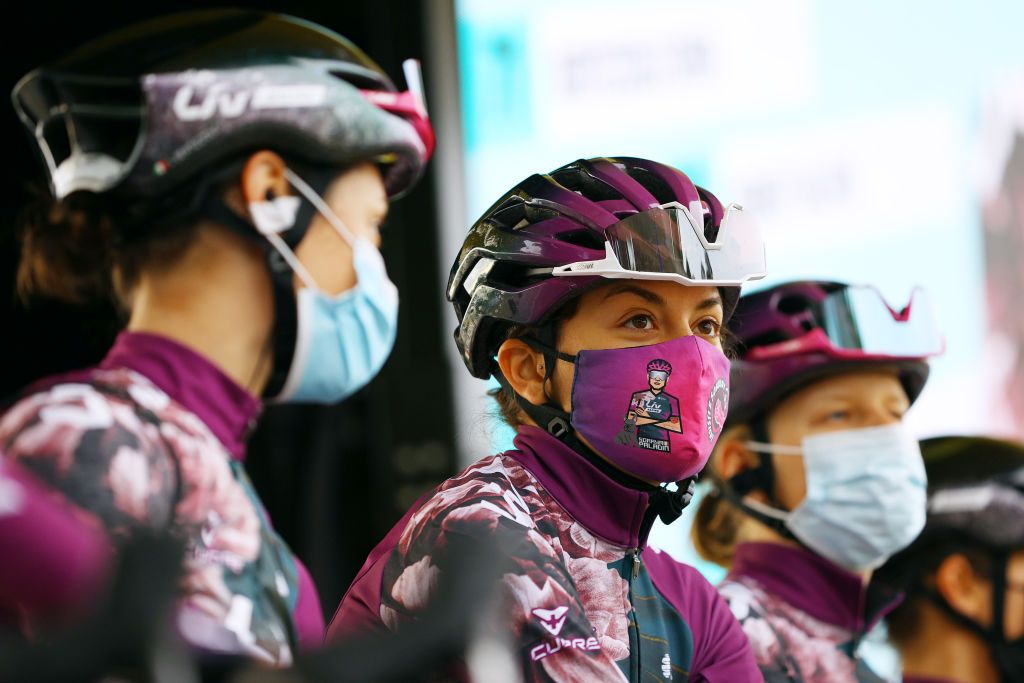 LANDERNEAU FRANCE JUNE 26 Soraya Paladin of Italy and Team Liv Racing at start during the 8th La Course By Le Tour De France 2021 a 1077km race from Brest to Landerneau Cte De La Fosse Aux Loups 176m Mask Covid Safety Measures LaCourse LeTour TDF2021 UCIWWT on June 26 2021 in Landerneau France Photo by Tim de WaeleGetty Images