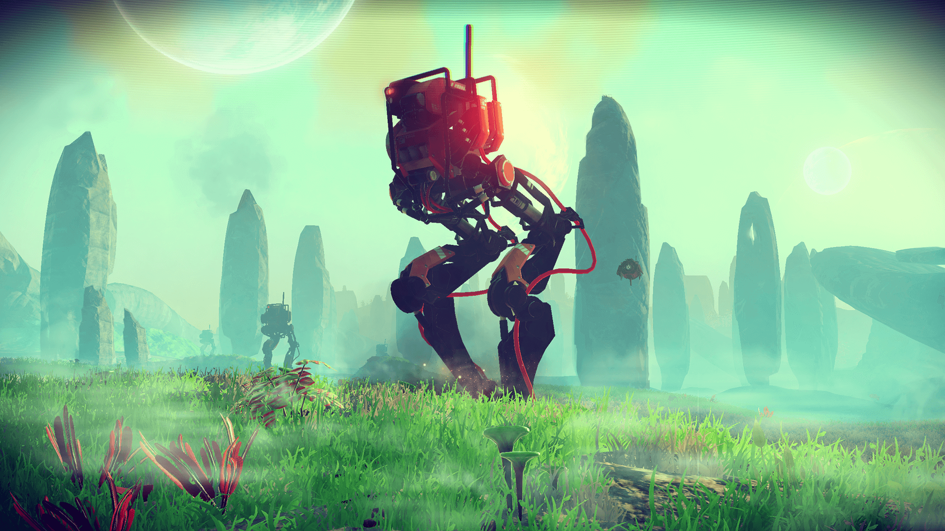 En skärmdump från No Man's Sky som visar en lång robot i ett utomjordiskt landskap.