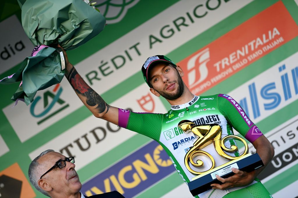 Martin Marcellusi (Green Project-Bardiani -Csf Faizae) celebrates at podium with the Mountain trophy winner