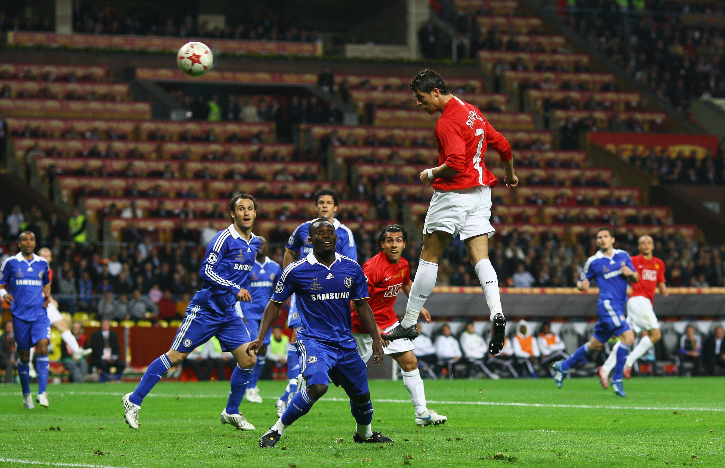 Cristiano Ronaldo scores with a header for Manchester United against Chelsea in the 2008 Champions League final in Moscow.