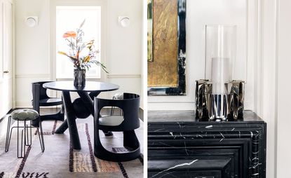 Side by side images of an interior featuring left: a black elemental circular table with two round chairs and two stools. Right: A large candle holder on a black elemental mantle piece. 