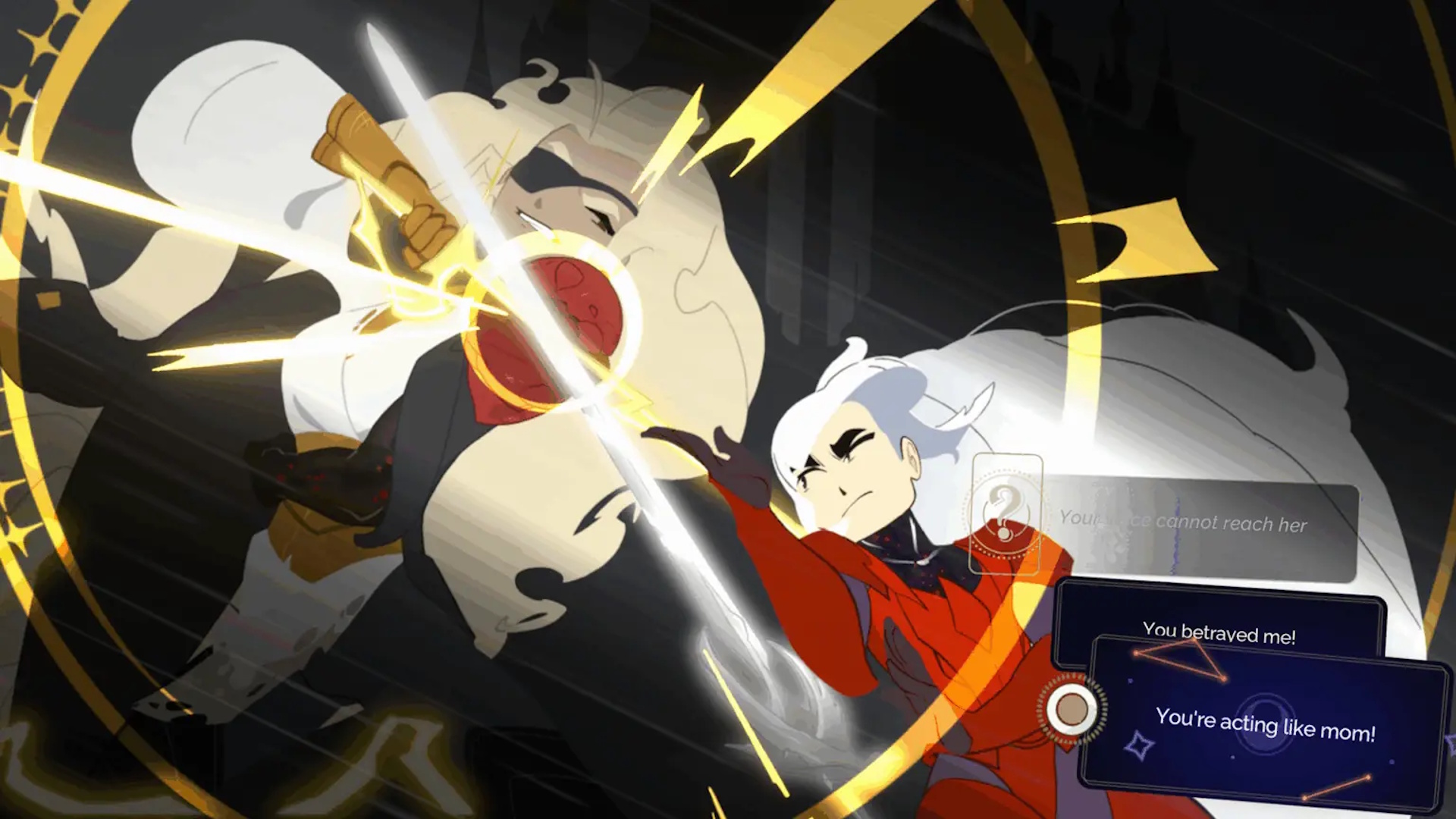 At Fate's End screenshot showcasing a battle of words between sisters