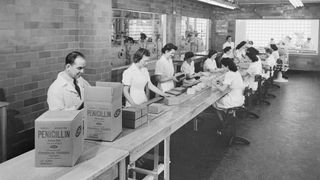 Penicillin being mass produced on an assembly line.