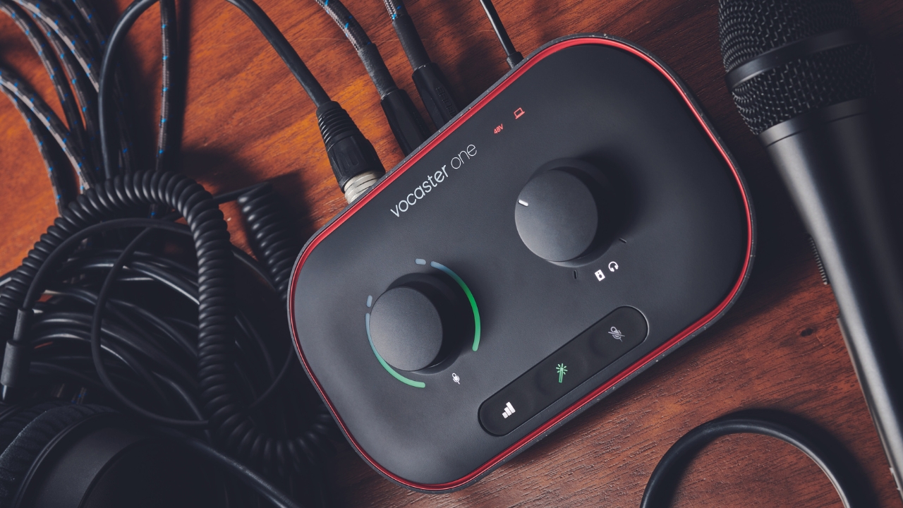 Close up of a Focusrite Vocaster One on a desk