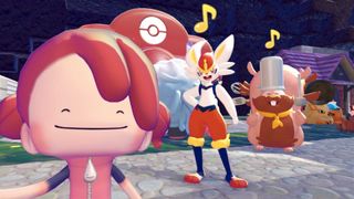 A Ditto takes a selfie with Cinderace and Chef Dente at a Pokopoia event.