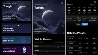 Tonight panel showing weather forecast, visible planets, and satellite passes.